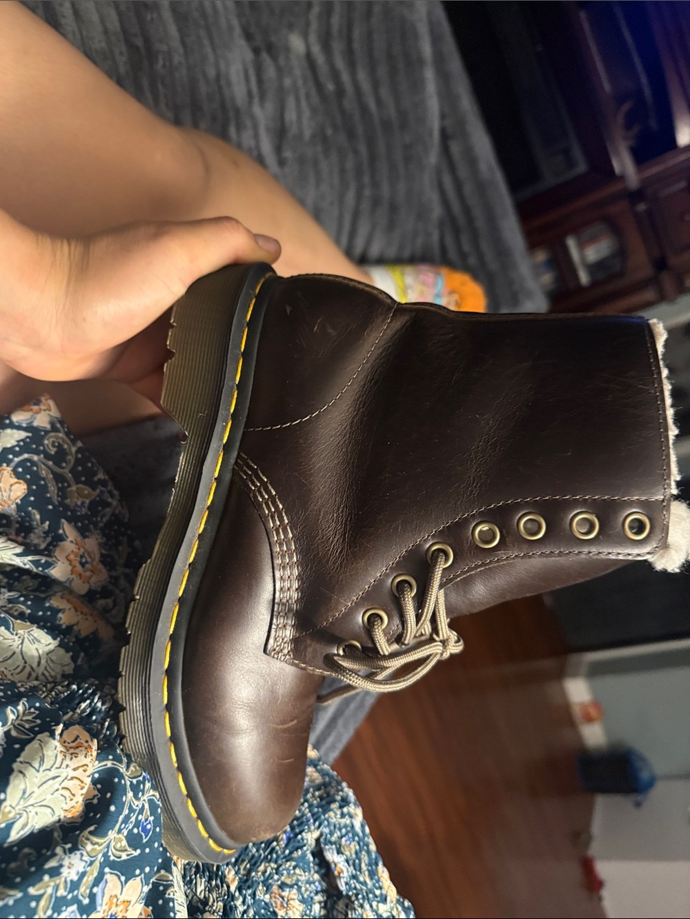 Dr. Martens Brown Leather Combat Boots with Yellow Stitching